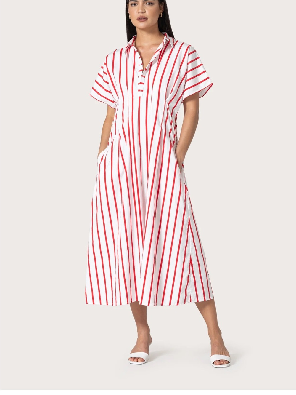 Casual Red & White Striped Shirt Dress